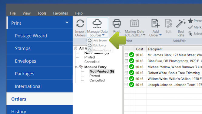Stamps PC shows Manage Data Source dropdown with Add Source marked.