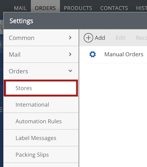 The settings modal with the Orders section expanded and Stores marked.