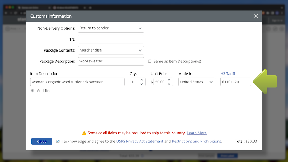 Add HS Codes to Customs Forms Stamps