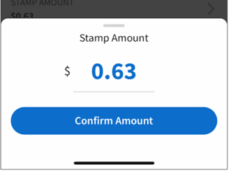 Stamp Amount drawer. Shows an amount + the Confirm Amount button