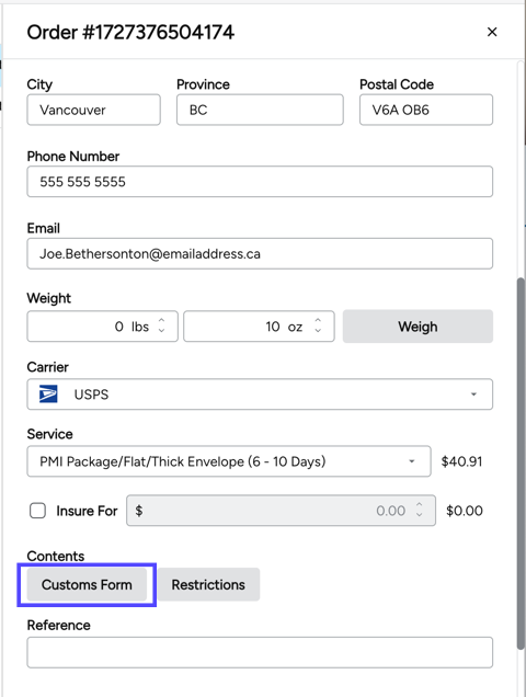 Box highlights Customs Form button on Configure Shipment Widget
