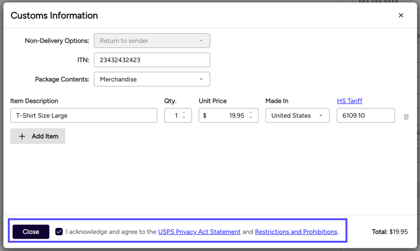 Box highlights checkbox, links for Terms & Conditions, & Close button