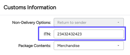 Customs Info popup. Box highlights Internal Transaction Number (ITN) field