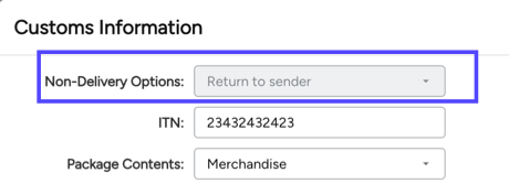 Customs Info popup. Box highlights Non-Delivery Options dropdown