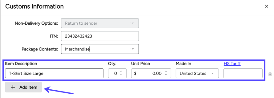 Customs Info. Box Highlights item Description fields. Arrow to + Add Item button.