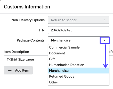 Customs Info popup. Box & arrow highlight Package Contents dropdown.