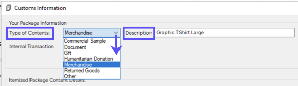 Customs Information popup. Boxes highlight Type of Contents menu & Description field