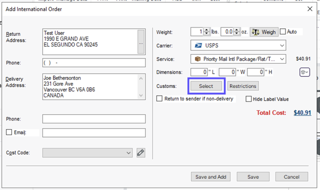Add International Order popup. Box highlights Select button by Customs