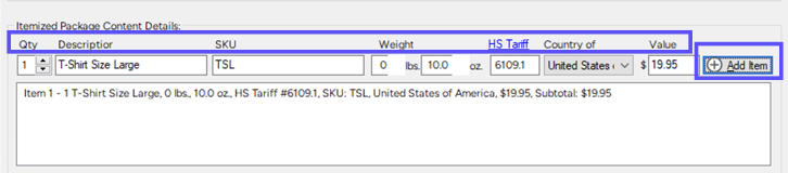 Customs Info popup Boxes highlight Content Detail fields & + Add Item button