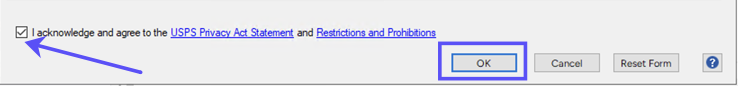 Customs Info popup. Arrow to checkbox for Terms & Conditions, box highlights OK button