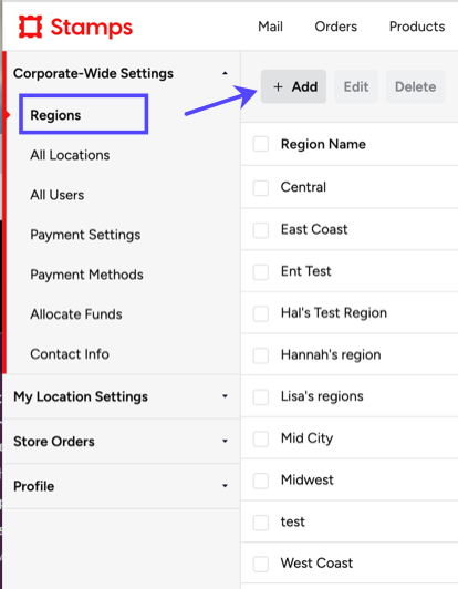 Stamps Enterprise. Corp Admin settings. Box highlights Regions sidebar. Arrow to + Add button