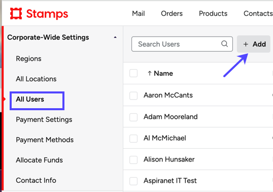Box highlights All Users tab in sidebar. Arrow to + Add button