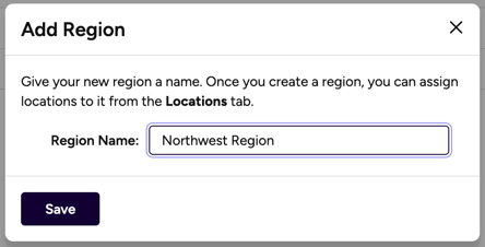 Add Region popup. Region Name field. Save button.