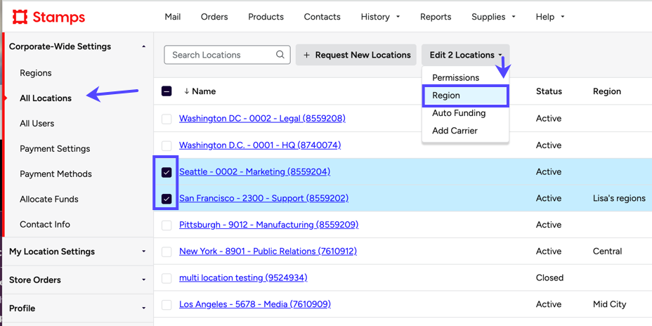 All Locations. Box on 2 Locations chosen. Arrow from Edit dropdown & box on Region option.