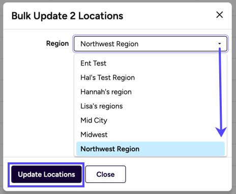 Bulk Update Locations popup. Arrow from dropdown to Region option. Box on Update Locations button