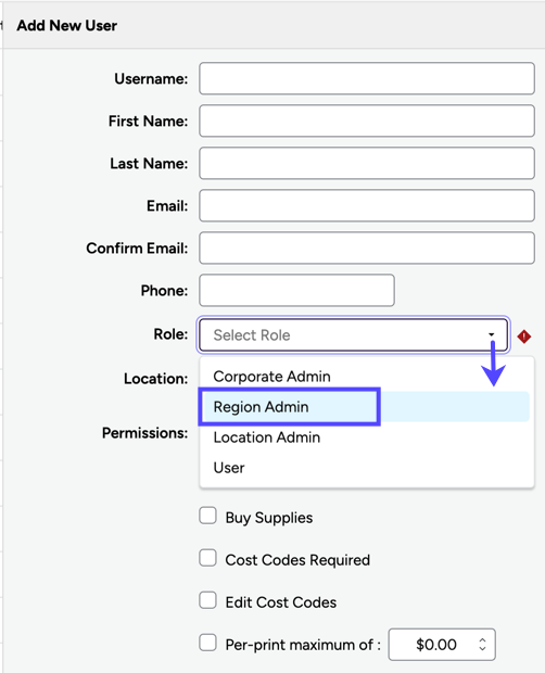 Add New User popup. Arrow from Role dropdown to Regional Admin option.