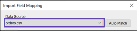 Import Field Mapping popup. Box highlights orders dot csv option.