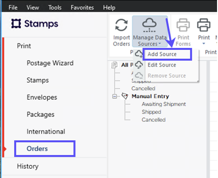 Box on Orders sidebar. Arrow from Manage Data Sources to box on Add Source.
