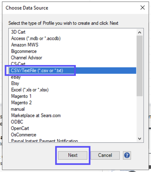 Choose Data Source popup. Boxes mark the ­CSV / Text file button and the ­Next button.