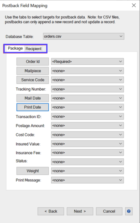 Postback Field Mapping popup. Box highlights Package & Recipient tabs