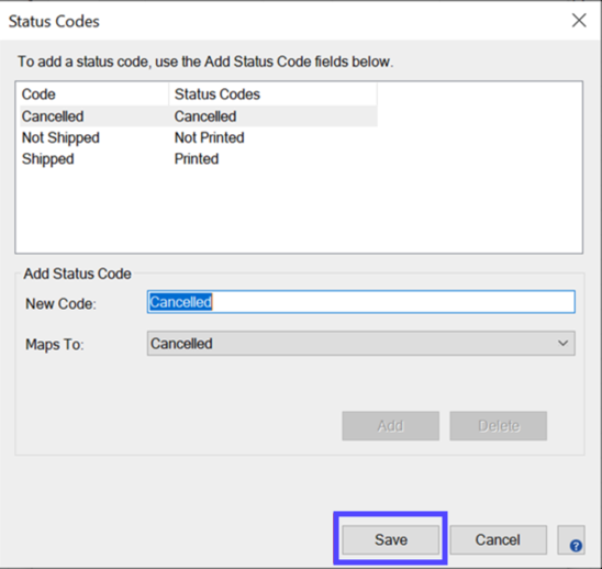 Status Codes. Box highlights Save button