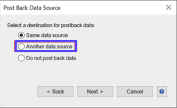 Post Back Data Source popup. Box highlights radio button for Another Data Source