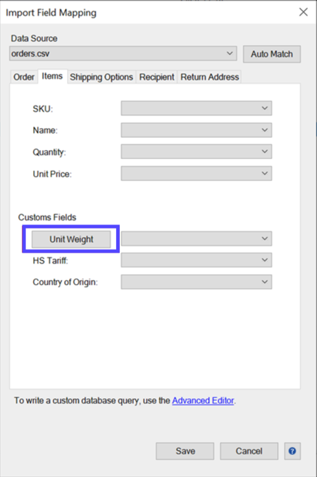 Import Field ­Mapping. Items tab. ­Box highlights Unit Weight under Customs Fields