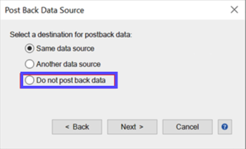 Post Back Data Source popup. Box highlights radio button for Do not post back data