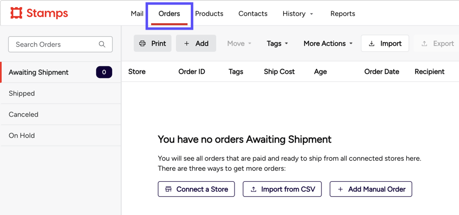 Stamps Web version. Box highlights Orders tab.