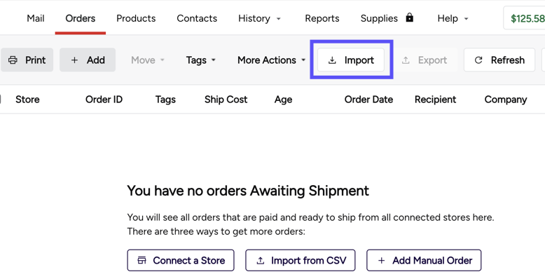 Stamps Orders tab. Box highlights Import button