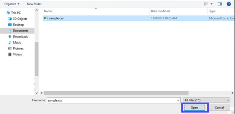 CSV file selected in file folder. Box highlights Save button