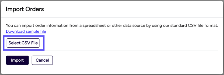 Stamps import orders popup. Box highlights Select CSV File button