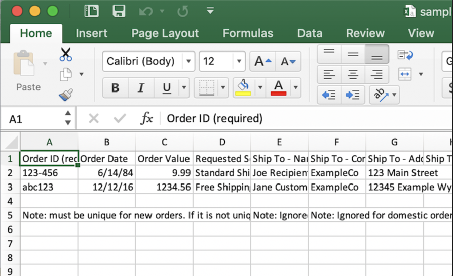 Sample CSV file in Excel Spreadsheet