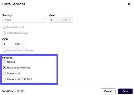 Extra services pop-up with the Handling menu open