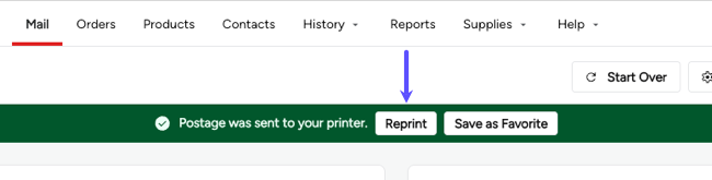 Mail tab with arrow pointing at Reprint button in the reprint banner.