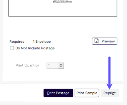 Reprint button for Stamps PC envelope tab highlighted