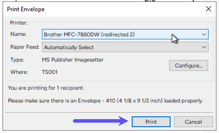 Print envelope pop-up with printer selected and arrow pointing to Print button