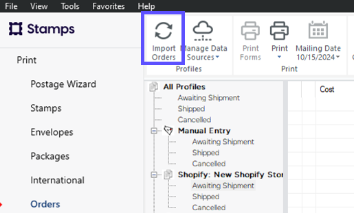 Orders page open with Import Orders button highlighted