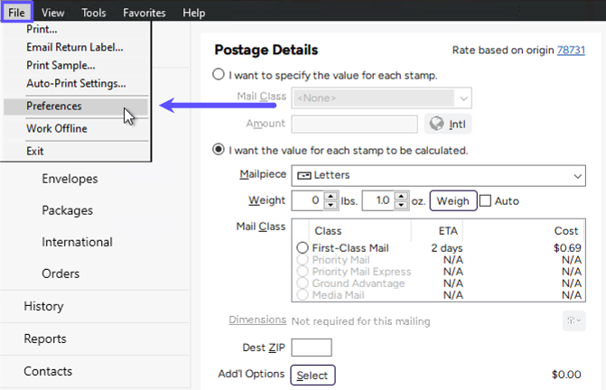 Open File menu with arrow pointing to the Preferences option