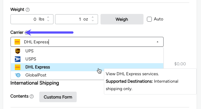 Carrier menu open with DHL Express selected