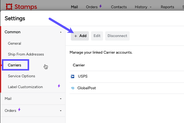 Mail settings screen with Carriers settings open and arrow pointing to Add button