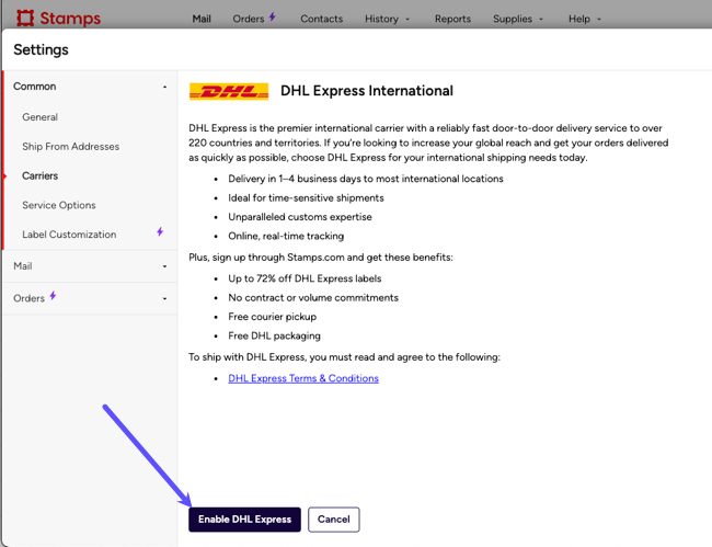 Add DHL as a carrier page, arrow points to Enable DHL Express button.