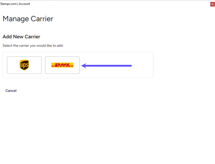 Manage Carrier Settings, add new carrier with arrow pointing to DHL option