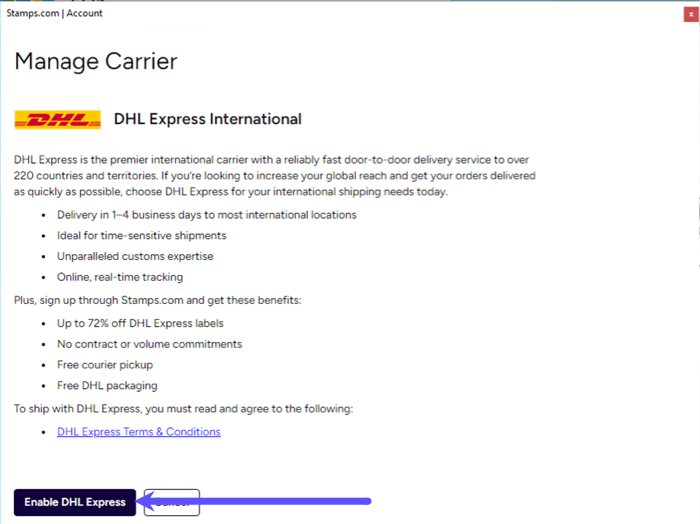 Manage carrier settings once DHL has been selected, arrow points to Enable DHL Express button