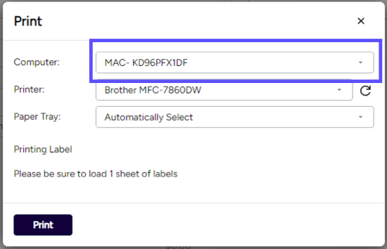 Print pop-up with Computer field drop-down highlighted