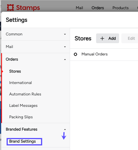 Stamps ORDERS. Settings. Branded Features menu, box on Brand Settings.