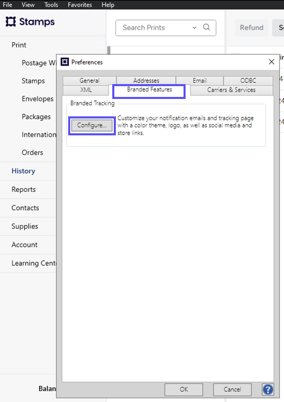 PREFERENCES. Boxes on Branded Features tab & Configure button