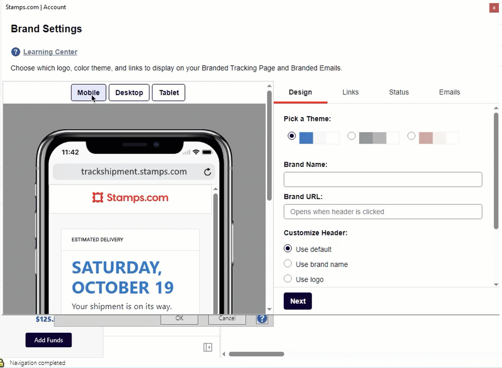 GIF of Mobile, desktop, & Tablet previews for Brand Settings, Branded Tracking, Emails