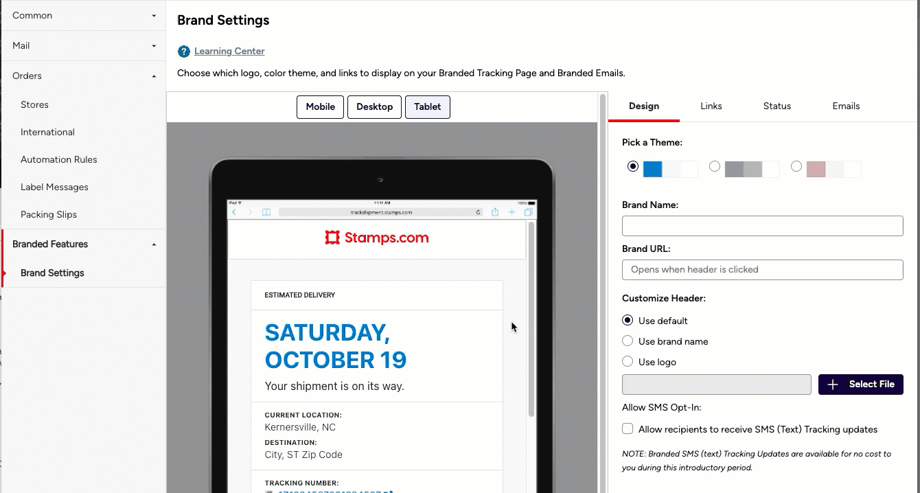 GIF of Mobile, desktop, & Tablet previews for Brand Settings, Branded Tracking, Emails
