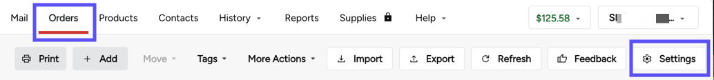 Stamps-web version. Boxes highlight Orders tab and Settings button